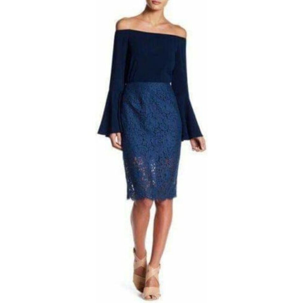 ✅ Keepsake THE LABEL Blue Lace Overlay Pencil Skirt Sz S WEDDING COCKTAIL